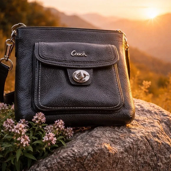 Coach Black Pebbled Leather Crossbody Bag Turnlock Pocket - Picture 9 of 10